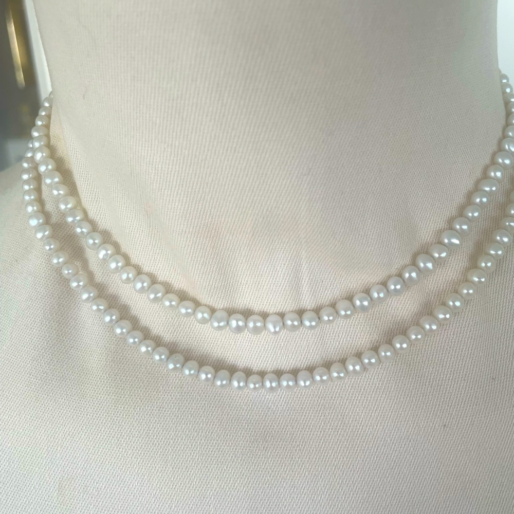 White Pearl Necklace Double Strand Sterling Silver Clasp with Peridot Vtg